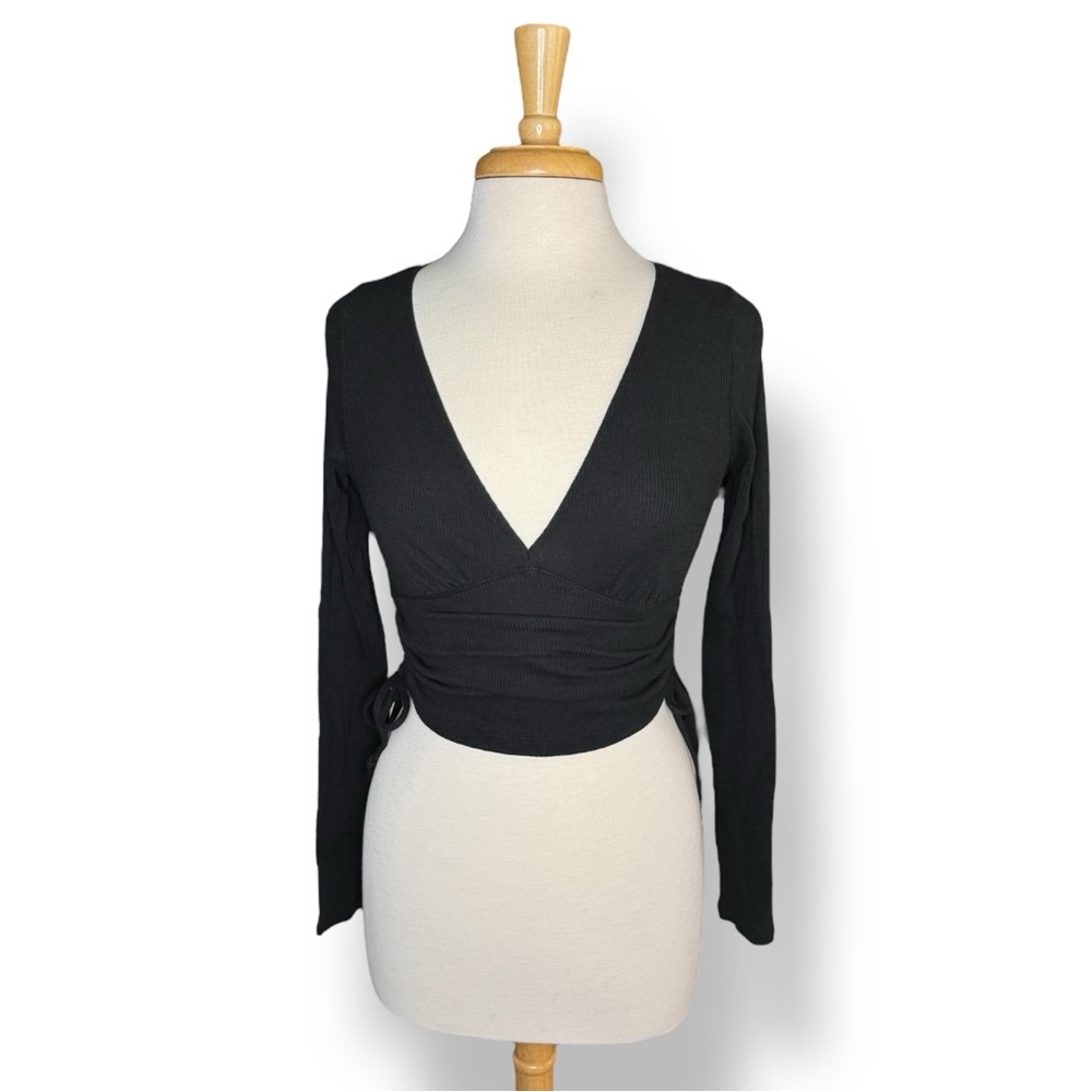 American Eagle Outfitters Black Long Sleeve Wrap-Style Bodysuit